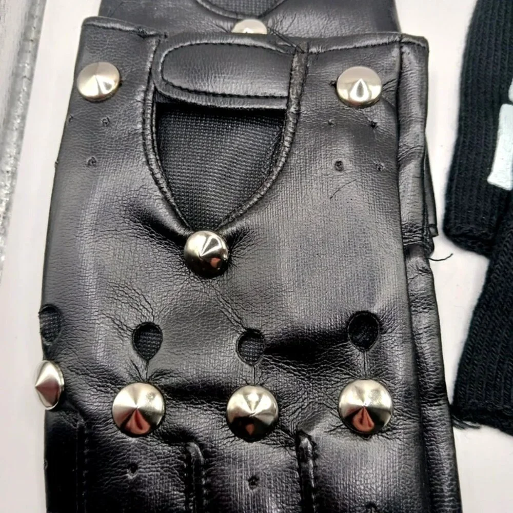 Lot Of 2 Fingerless Gloves Faux Leather Studded + Skelton Print-Black-Unisex